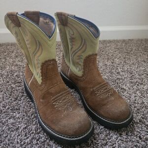 Ariat Brown Suede and Yellow Western Ankle Boots